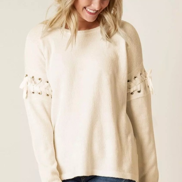 Alison Andrews Women's Cream Sweater with Sleeve Ties from Buckle. Sz L - Picture 1 of 6